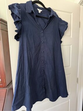 Navy Ruffle Sleeve Button-Front Dress Large Crown and Ivy